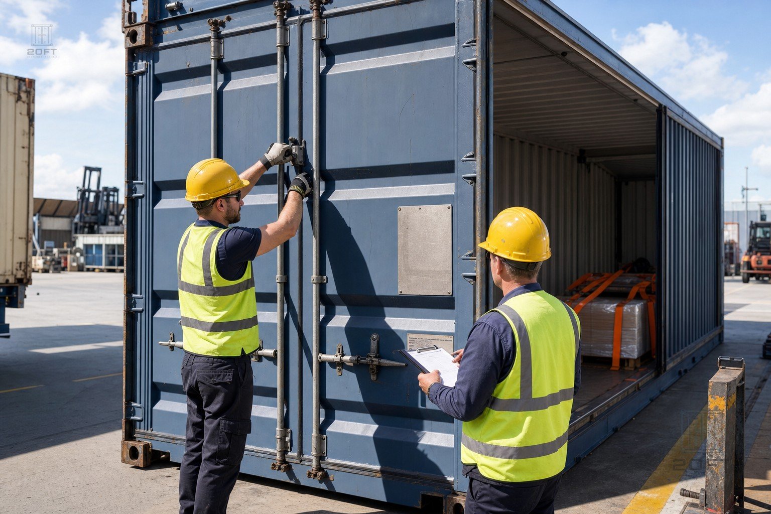 Workers preparing a 20ft shipping container for shipping