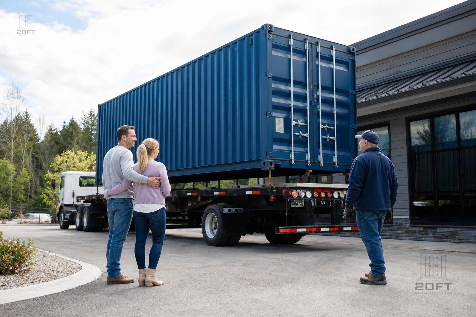Customers receiving a delivered shipping container
