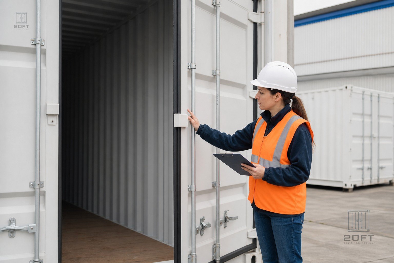 Inspector reviewing a 20ft storage container