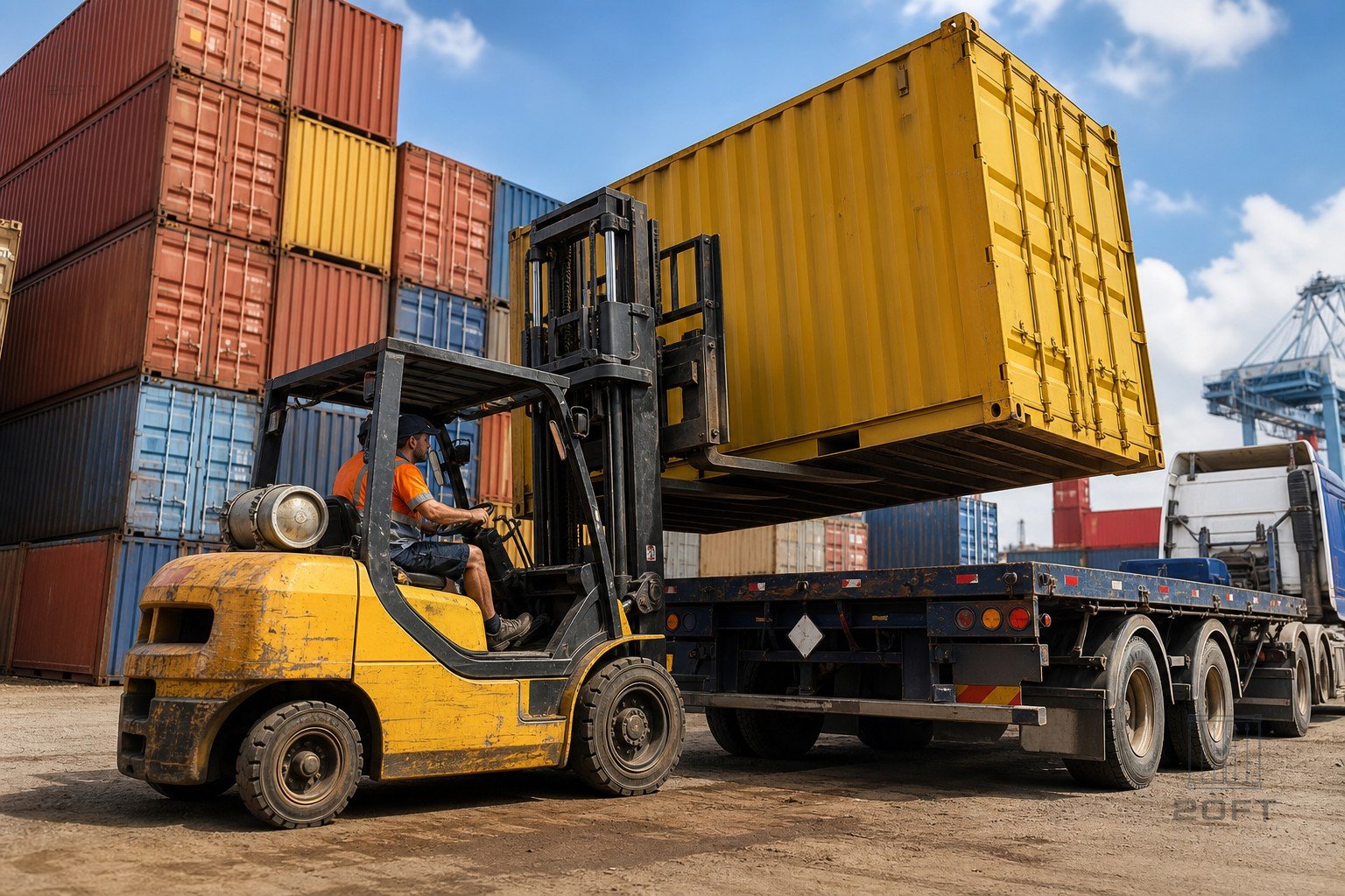 Forklift loading a shipping container for delivery