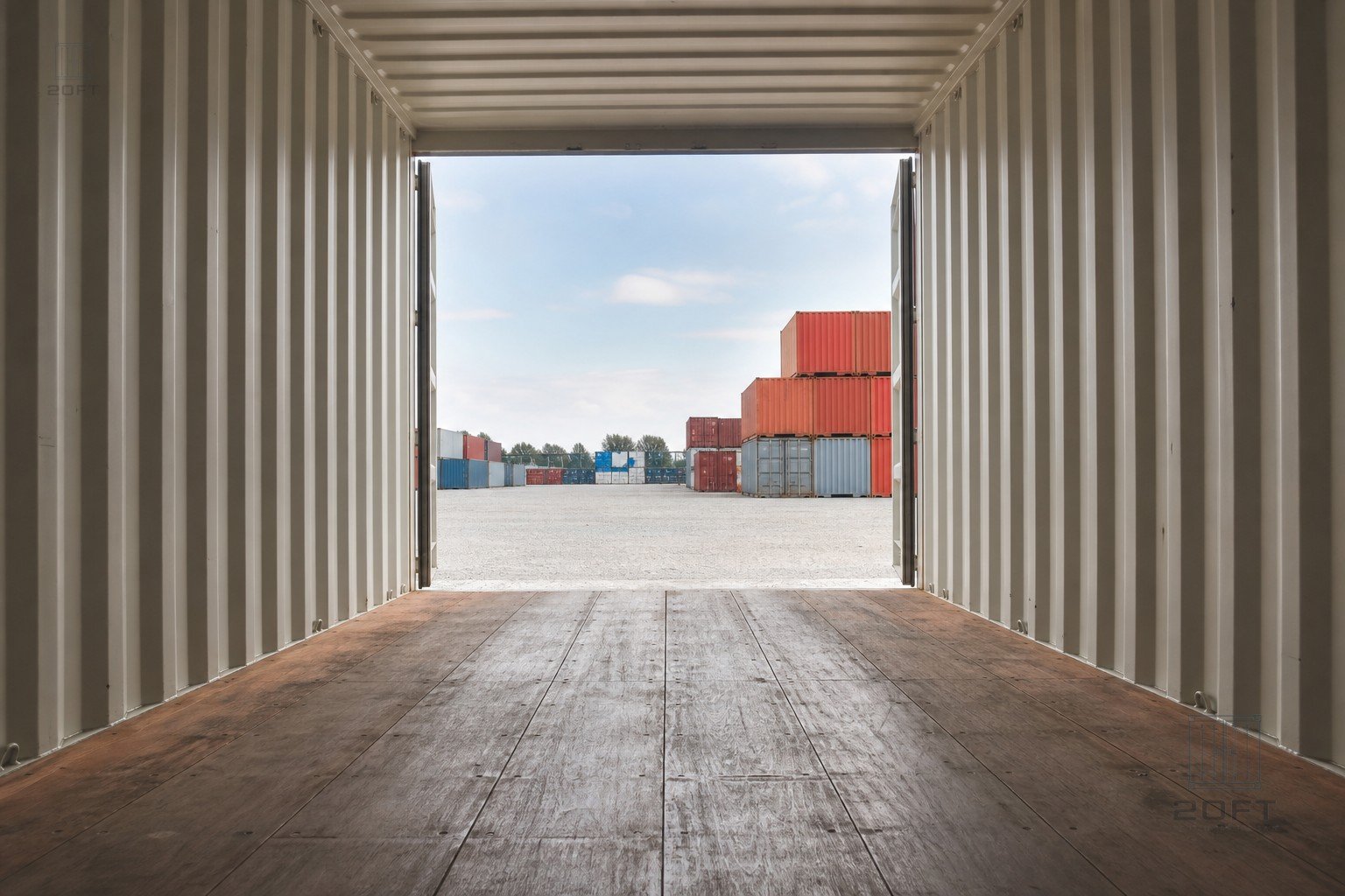 Interior dimensions view of an empty 20ft shipping container