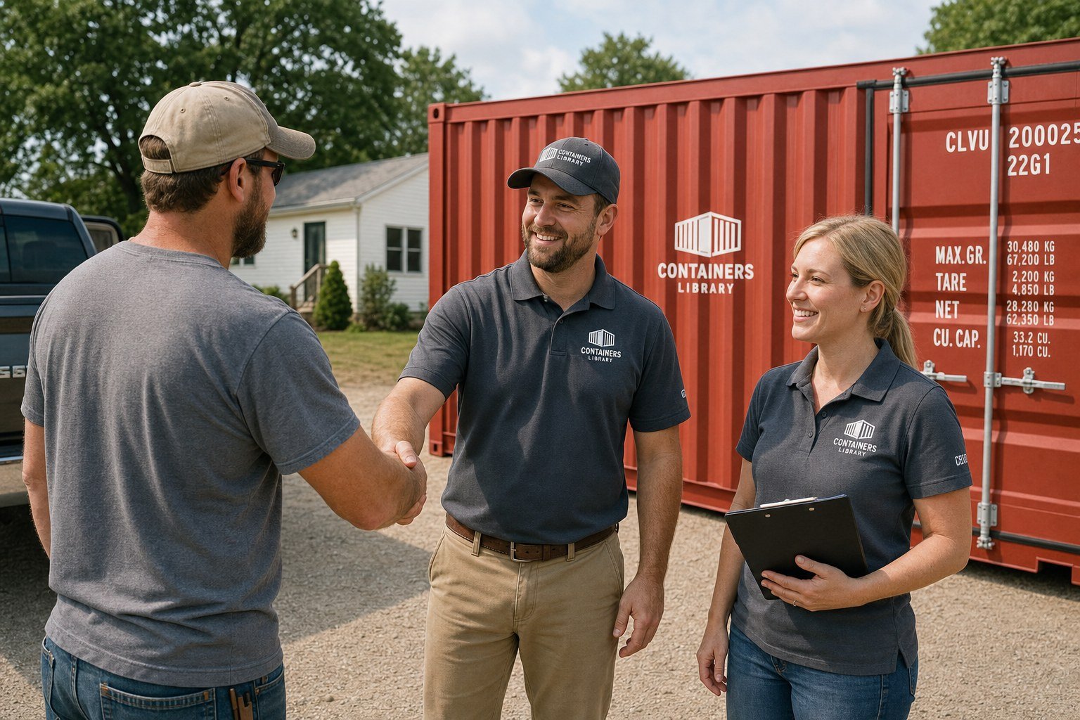 Containers Libarry staff greeting a customer at delivery
