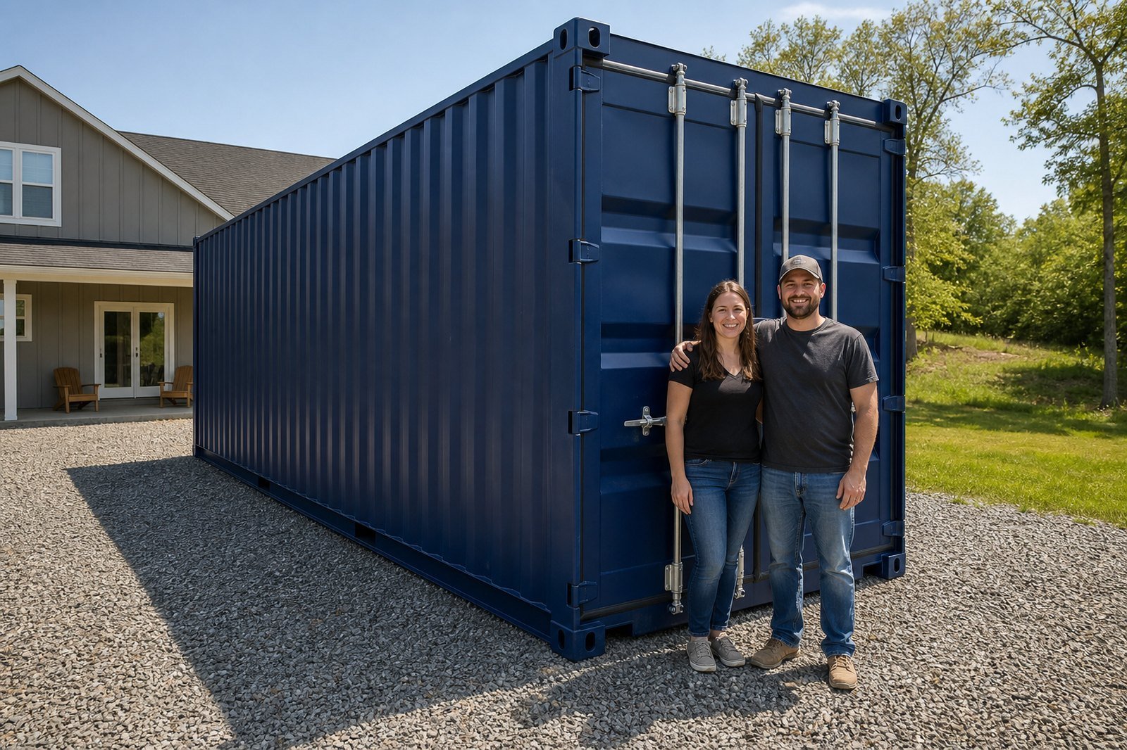 Happy customers with their delivered shipping container